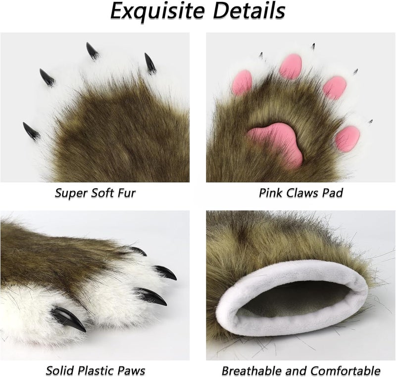 hbbhml Faux Fur Plush Furry Cat Claw Gloves Fursuit Animal Fox Paws Mittens Halloween Cosplay Costume Accessories for Adult - Image 5